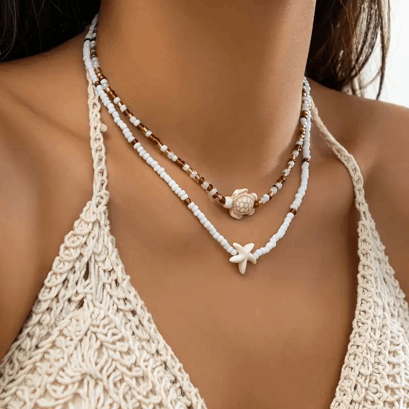 Boho Beaded Star Fish And Turtle Neckles - 2 Piece